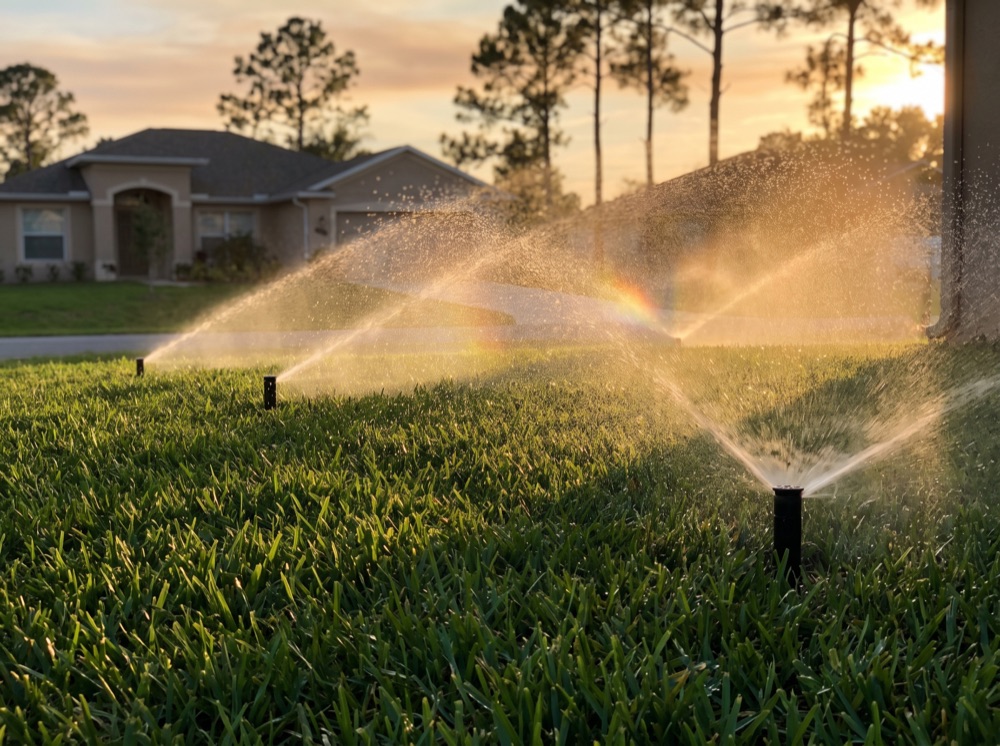 Sprinkler zone running after a repair (illustrative image)