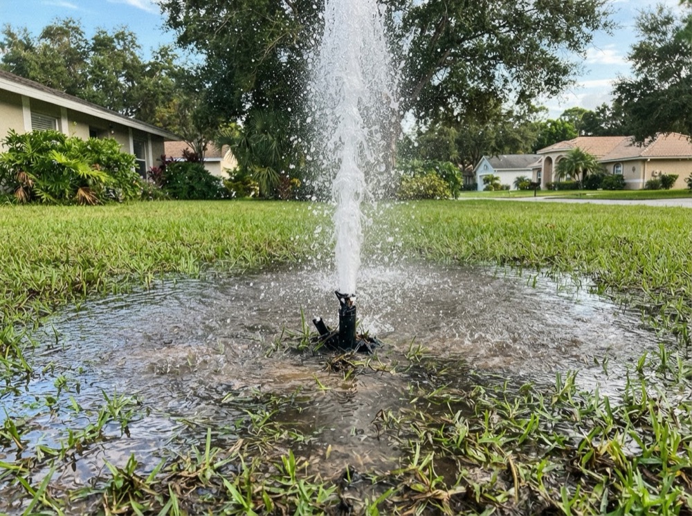 Before: geyser from a broken sprinkler head (illustrative image)