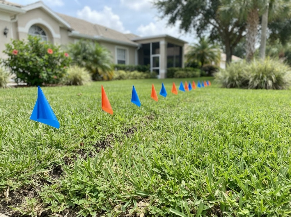 Flags marking sprinkler heads across a lawn (illustrative image)