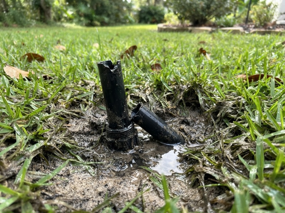 A mower-struck sprinkler head, snapped at the riser (illustrative image)