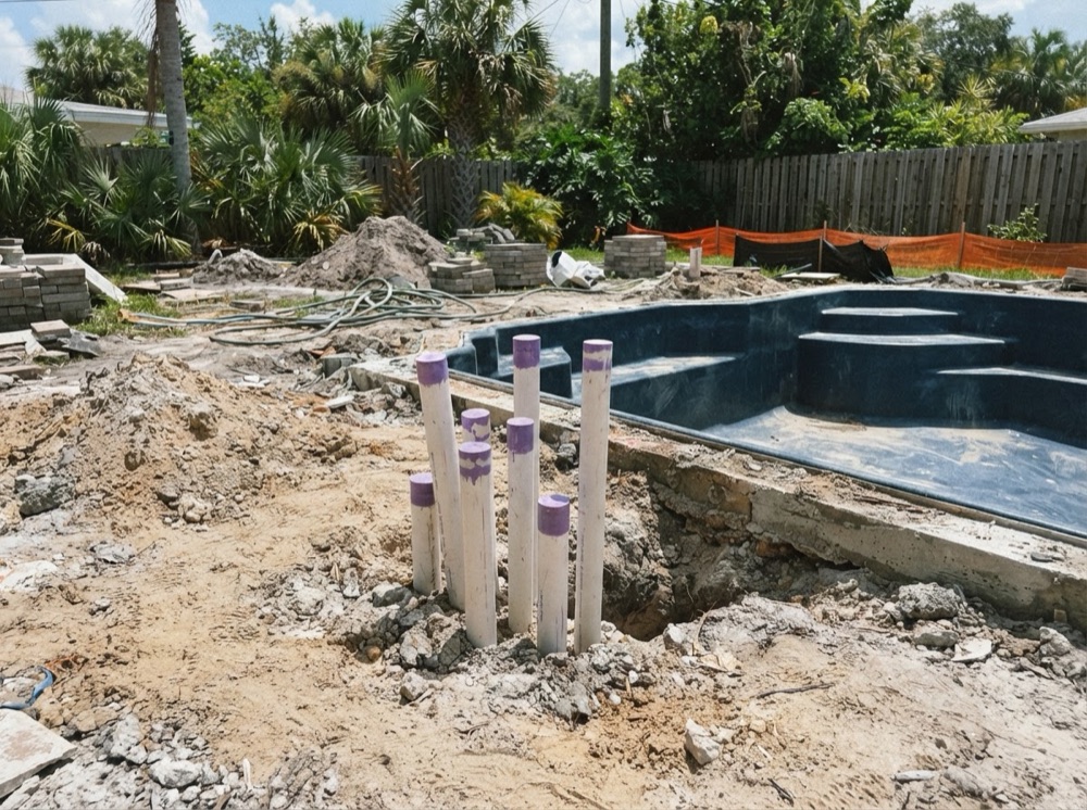 Capped irrigation lines beside a pool excavation (illustrative image)