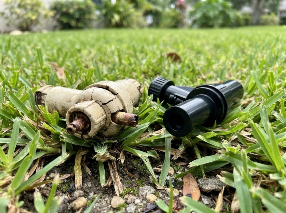 Replacing a broken rotor head in a lawn (illustrative image)